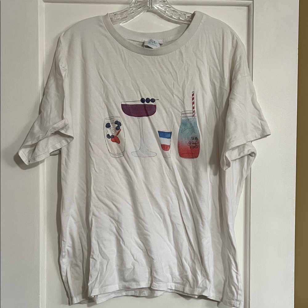 White Graphic T-Shirt with Drink Illustrations